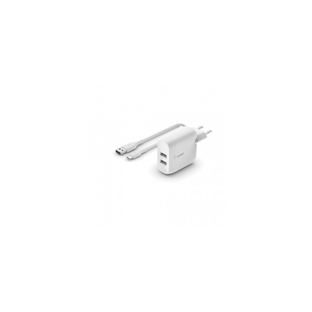 CARICABATTERIE 2 PORTE USB-A + CAVO USB-A A USB-C 1M - BIANCO