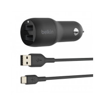 CARICABATTERIE AUTO DUE PORTE USB-A + CAVO USB-A A USB-C 1M - NERO