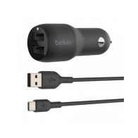 CARICABATTERIE AUTO DUE PORTE USB-A + CAVO USB-A A USB-C 1M - NERO