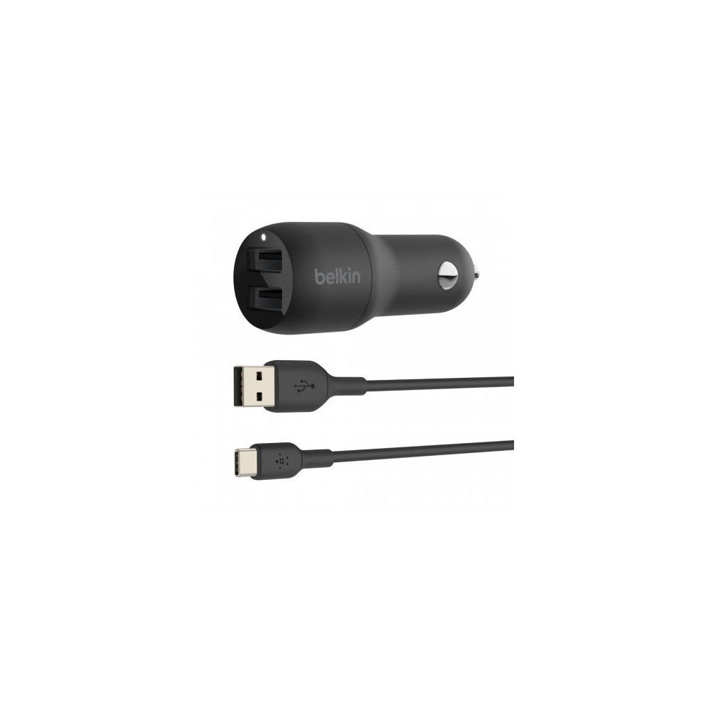 CARICABATTERIE AUTO DUE PORTE USB-A + CAVO USB-A A USB-C 1M - NERO