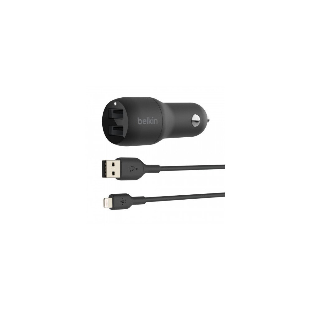 CARICABATTERIE DA AUTO 2 PORTE USB + CAVO DA USB-A A LIGHTNING 1M - NERO