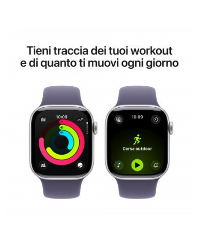 Apple Watch Series 11 GPS + Cellular 42mm, Cassa in Alluminio color Argento con cinturino Viola Nebbia Sport Band - M/L